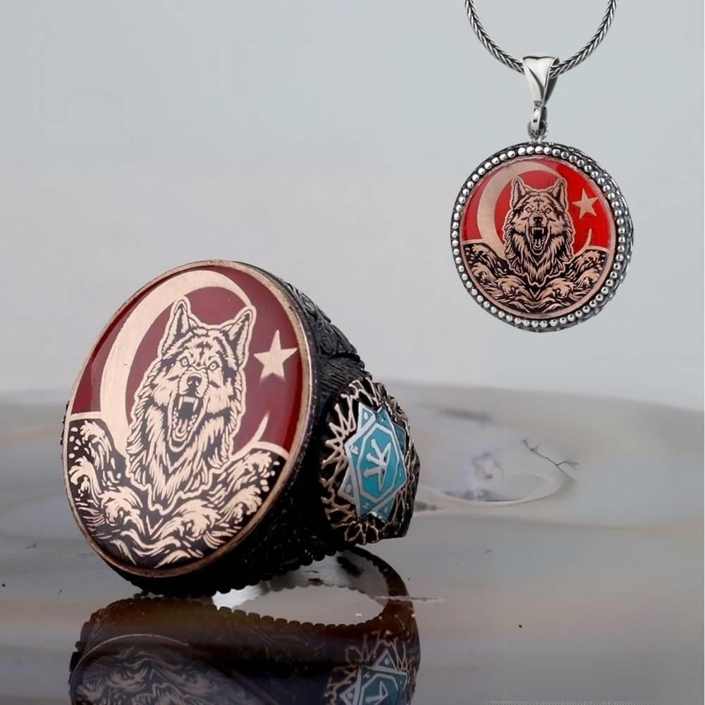 Türk Bayrağı Bozkurt Gümüş Yüzük & Kolye KombiniYüzük Kolye Kombinleri