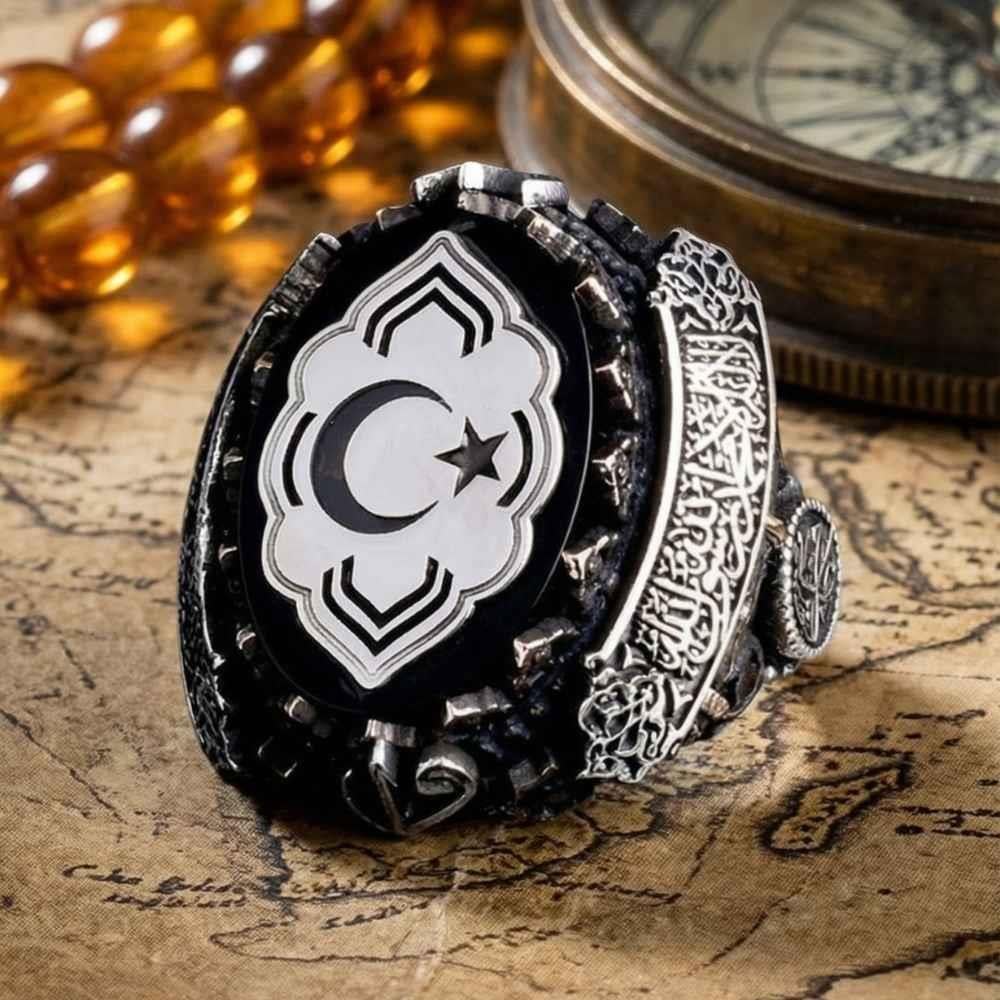 Türk Bayrağı İşlemeli Yanları Kelime-i Tevhid Gümüş YüzükMoon Star Ring