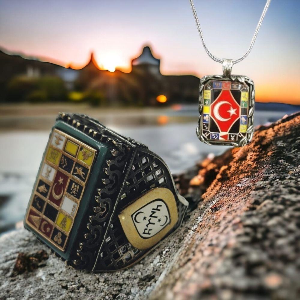 Türk Devletleri İşlemeli Gümüş Yüzük & Kolye Kombini