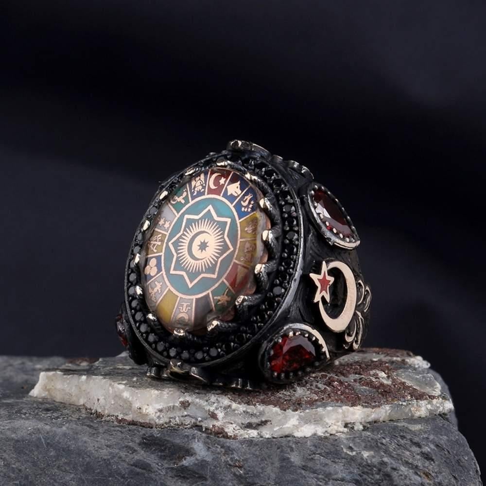 Türk Teşkilatı 16 Türk Devleti Mikro Taşlı Gümüş Yüzük16 Türk Devleti Yüzük