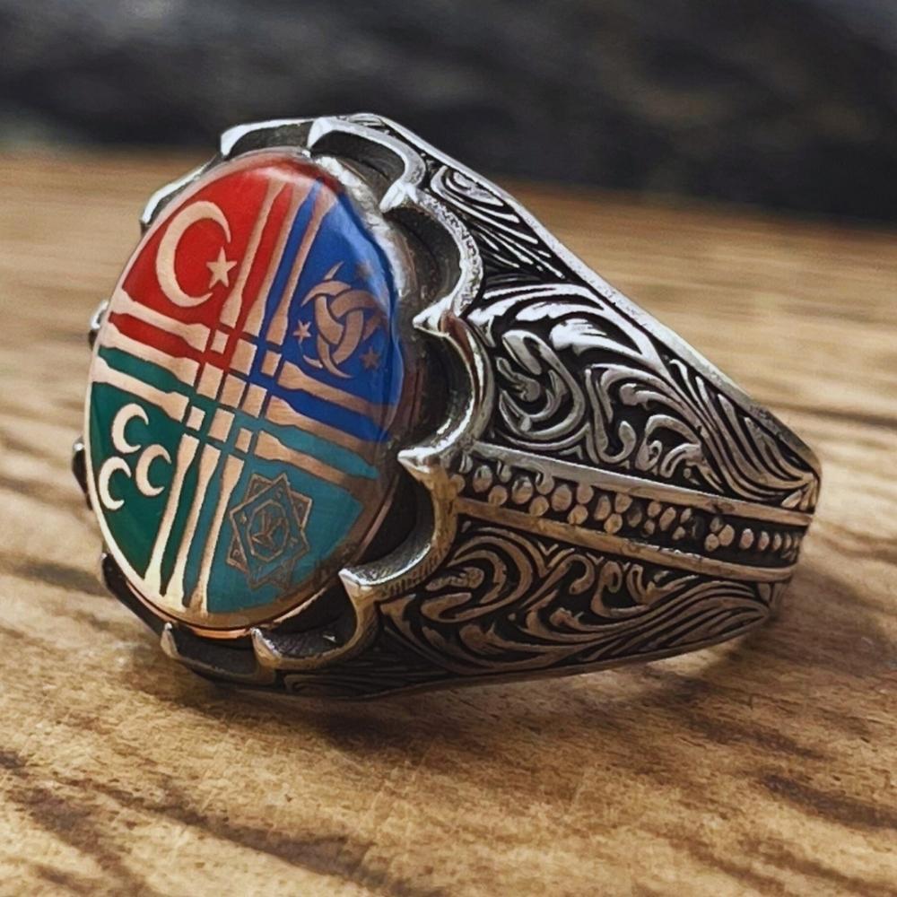 Türk Töresi 4 Sembol İşlemeli Gümüş Yüzük