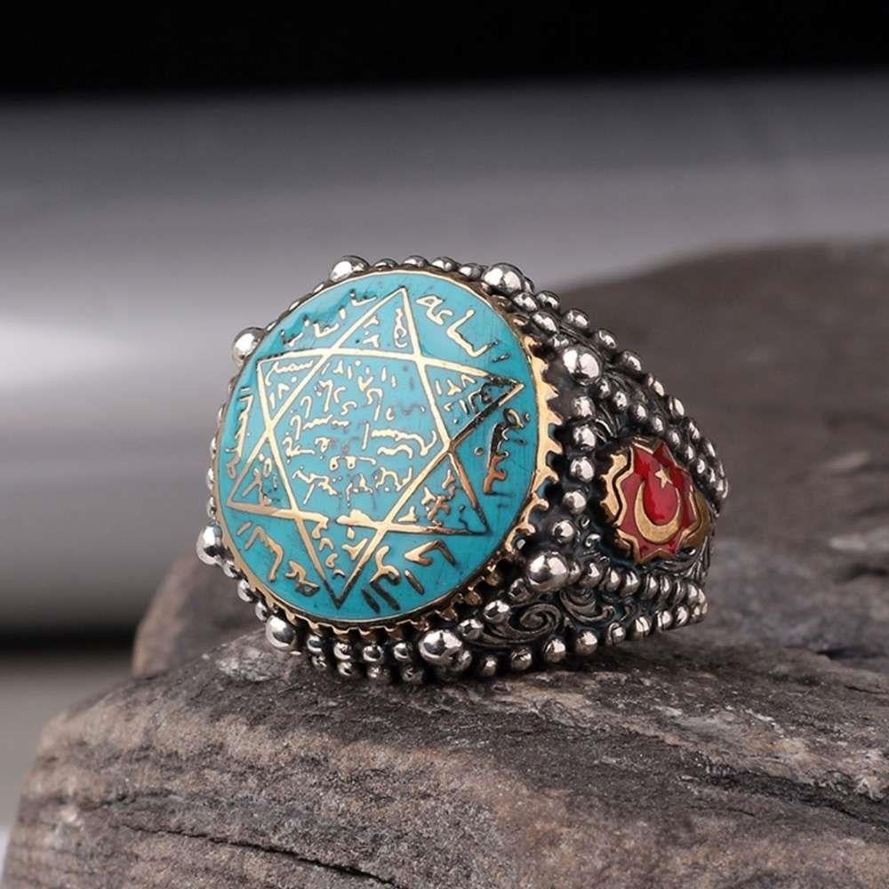 Turkuaz Mineli Mührü Süleyman Gümüş YüzükSeal of Solomon Ring