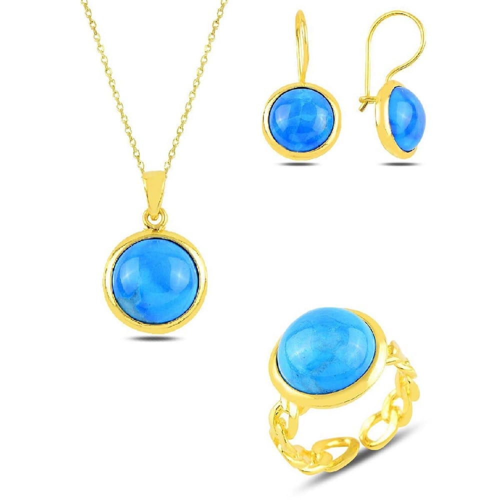 Turkuaz Taşlı Bayan Gümüş Set