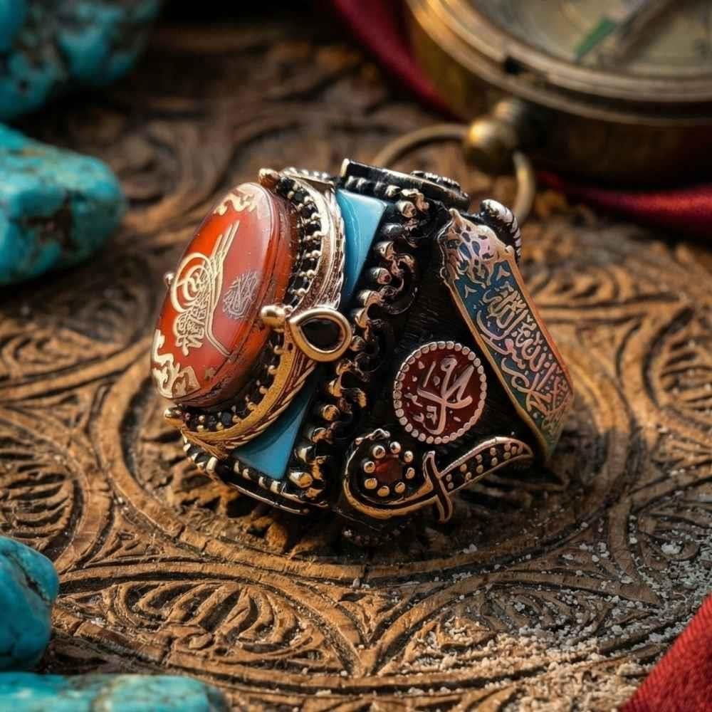 Turkuaz Üzeri Kırmızı Osmanlı Tuğrası Gümüş YüzükTuğra Yüzük