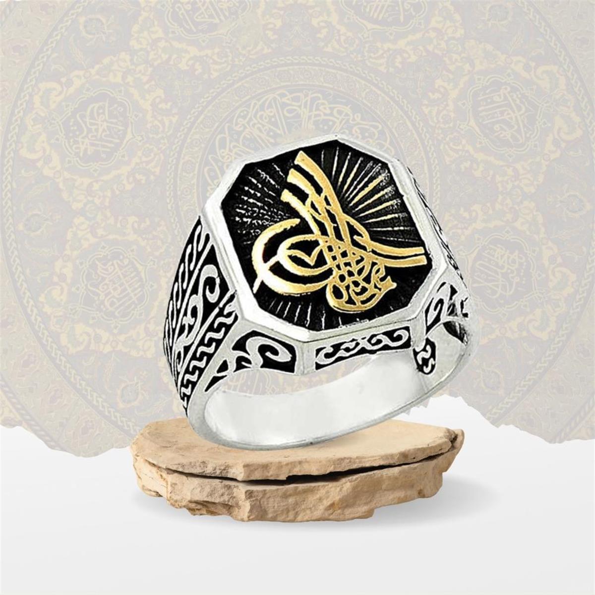 Üç Boyutlu Tuğra Desenli Motifli Gümüş Erkek Yüzük