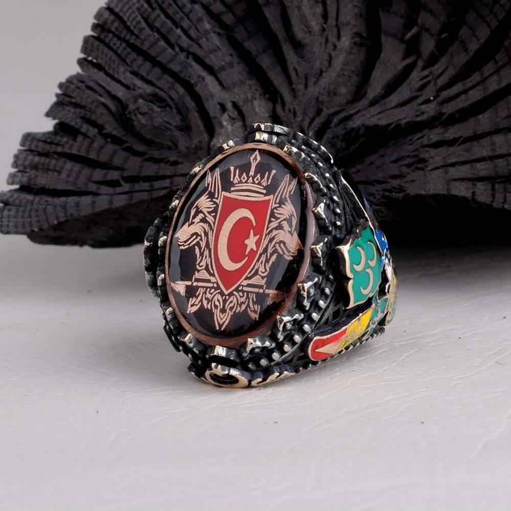 Üç Hilal Çift Bozkurt Ay Yıldız Gümüş YüzükGrey Wolf Ring