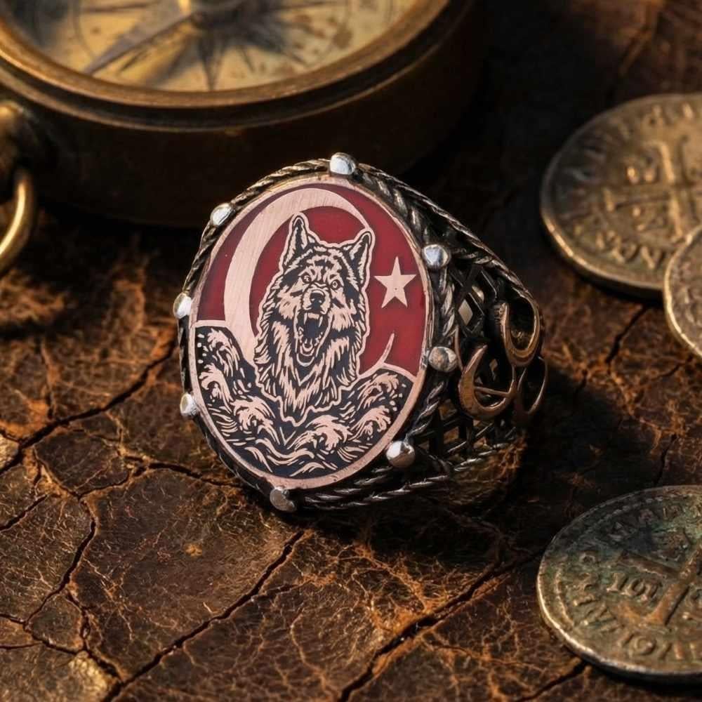 Üç Hilal İşlemeli Bozkurt Ay Yıldız Gümüş YüzükBozkurt Yüzükleri