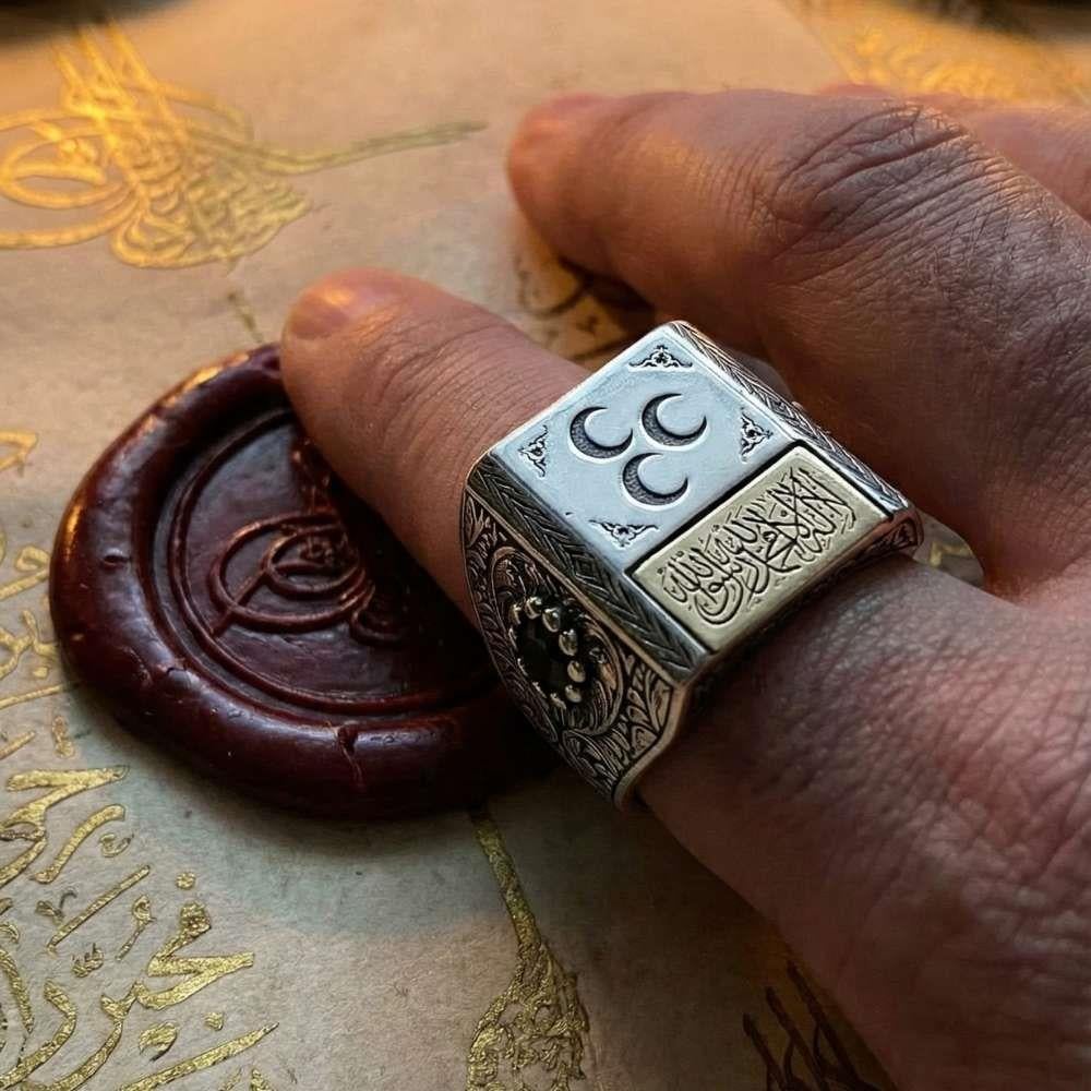 Üç Hilal Kelime-i Tevhid İşlemeli Gümüş YüzükÜç Hilal Yüzük