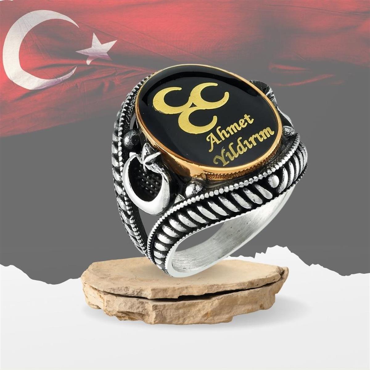 Üç Hilal Kişiye Özel Gümüş Erkek Yüzük