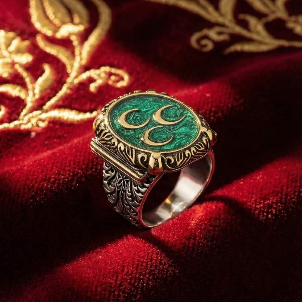 Üç Hilal Model Mineli Devlet Bahçeli Gümüş Erkek YüzükThree Crescent Ring