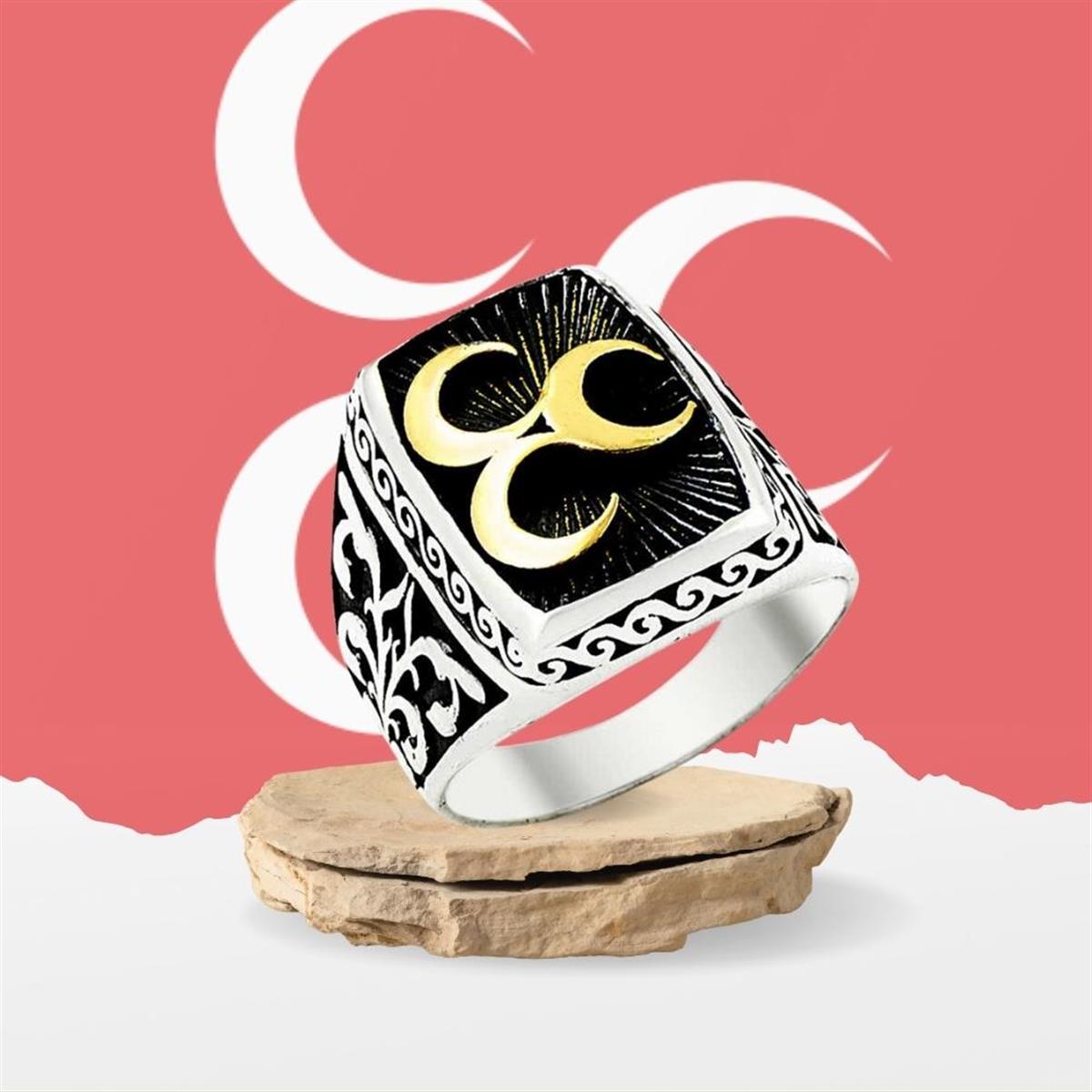 Üç Hilal Motifli Desenli Gümüş Erkek Yüzük