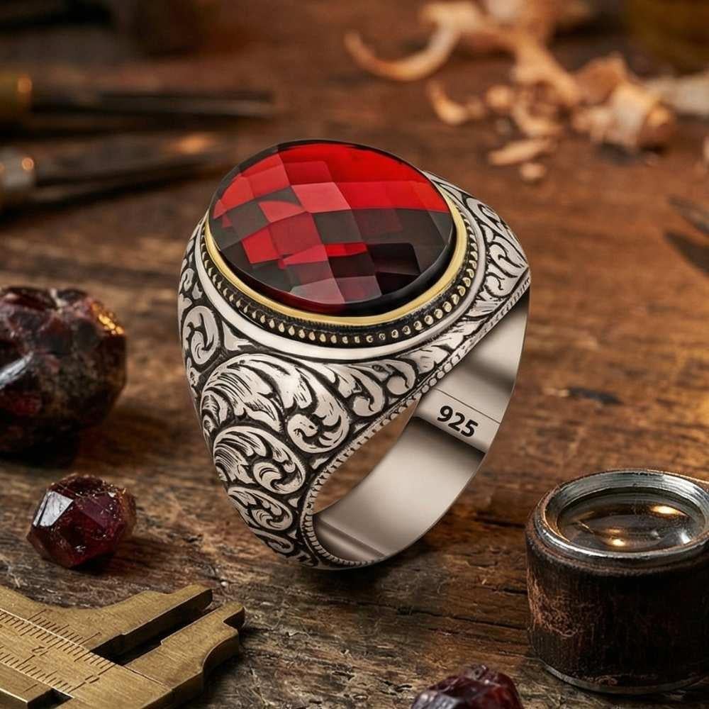 Yanları Kalem Motifli Kırmızı Zirkon Taşlı Gümüş Erkek YüzükZirkon Taşlı Yüzükler