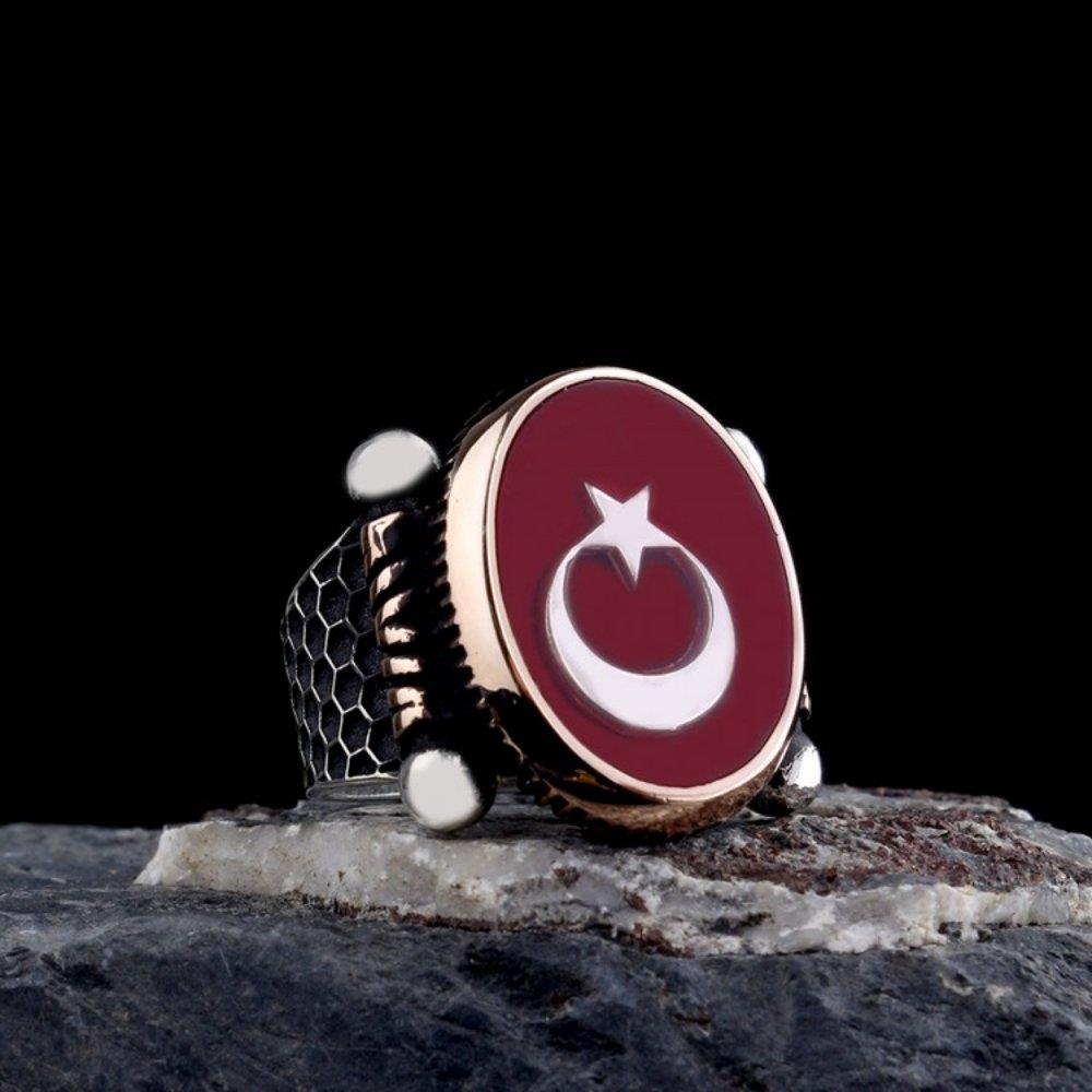 Yanları Petek Model Ay Yıldız Gümüş Erkek YüzükAy Yıldız Yüzük