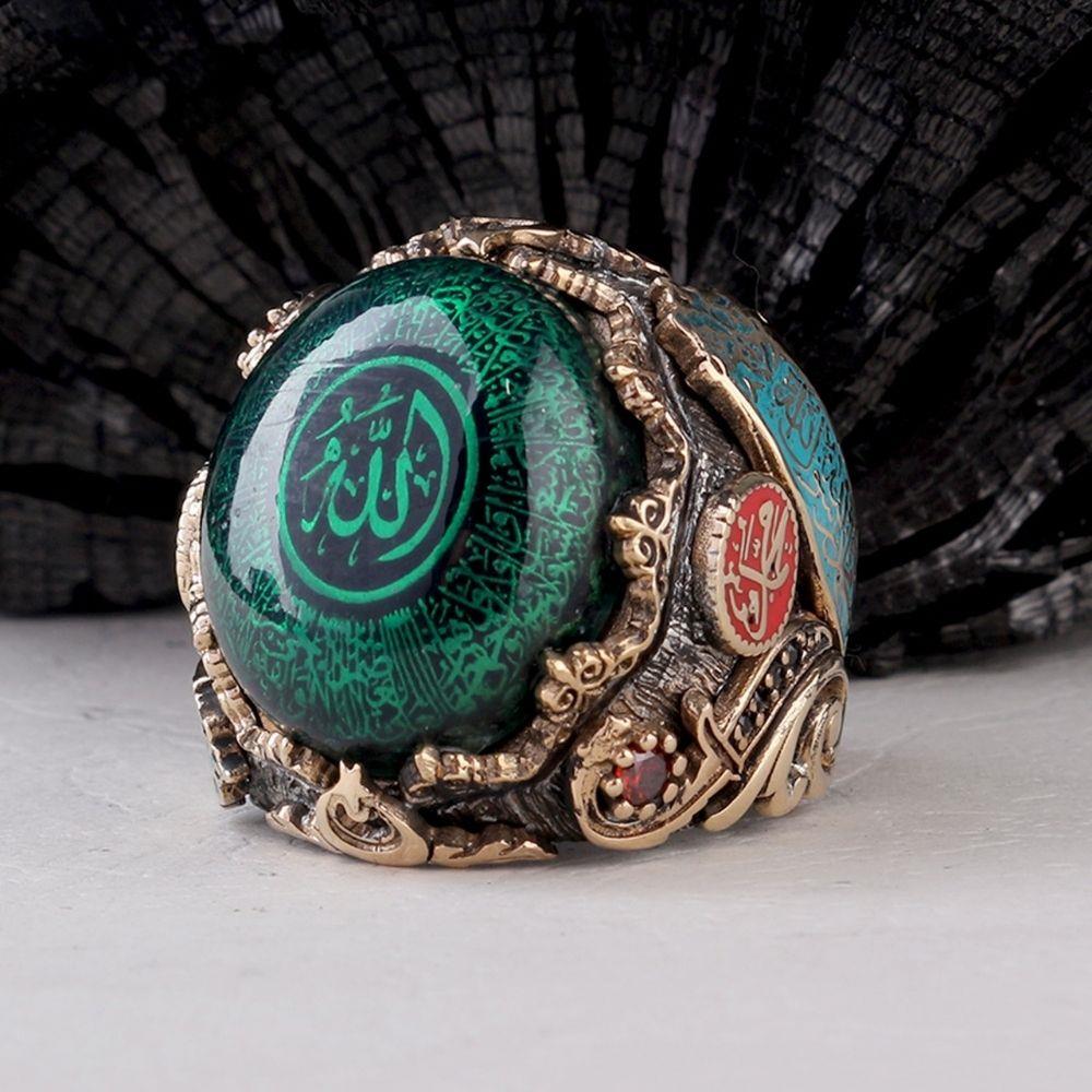 Yeşil Ayetel Kürsi İşlemeli Gümüş YüzükAyetel Kürsi Yüzük