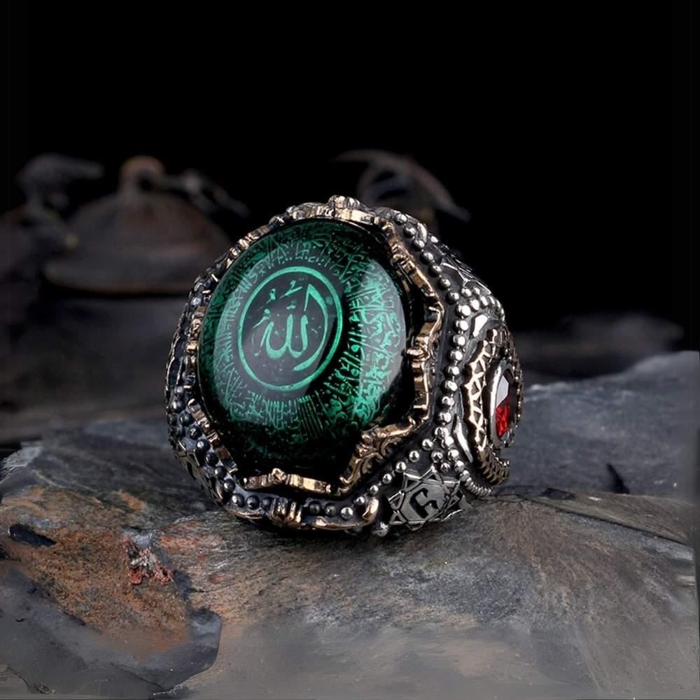 Yeşil Kehribar Ayetel Kürsi Gümüş Erkek YüzükAyetel Kürsi Yüzük