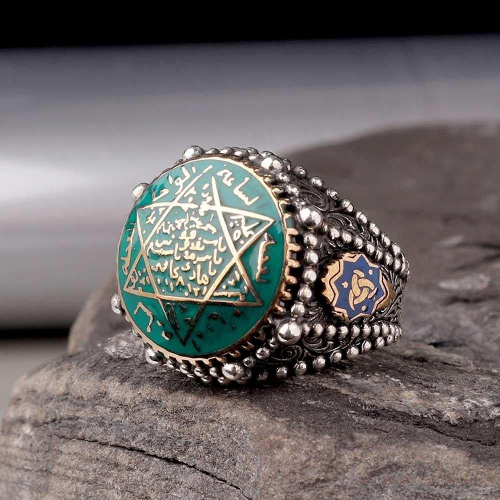 Yeşil Mineli Mührü Süleyman Gümüş YüzükSüleyman Mührü Yüzükler