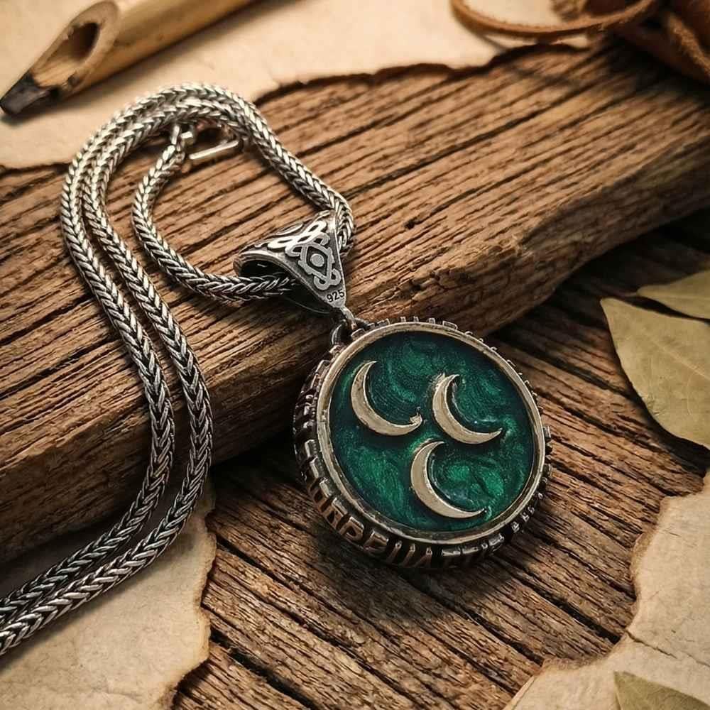 Yeşil Mineli Üç Hilal Gümüş Kolye Ottoman Necklace