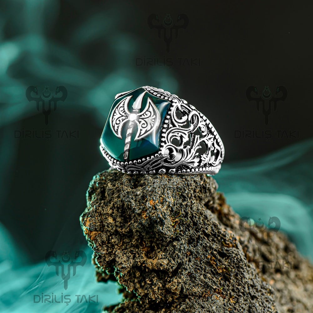 Yeşil Oniks Üzeri Balta Motifli Gümüş Yüzük