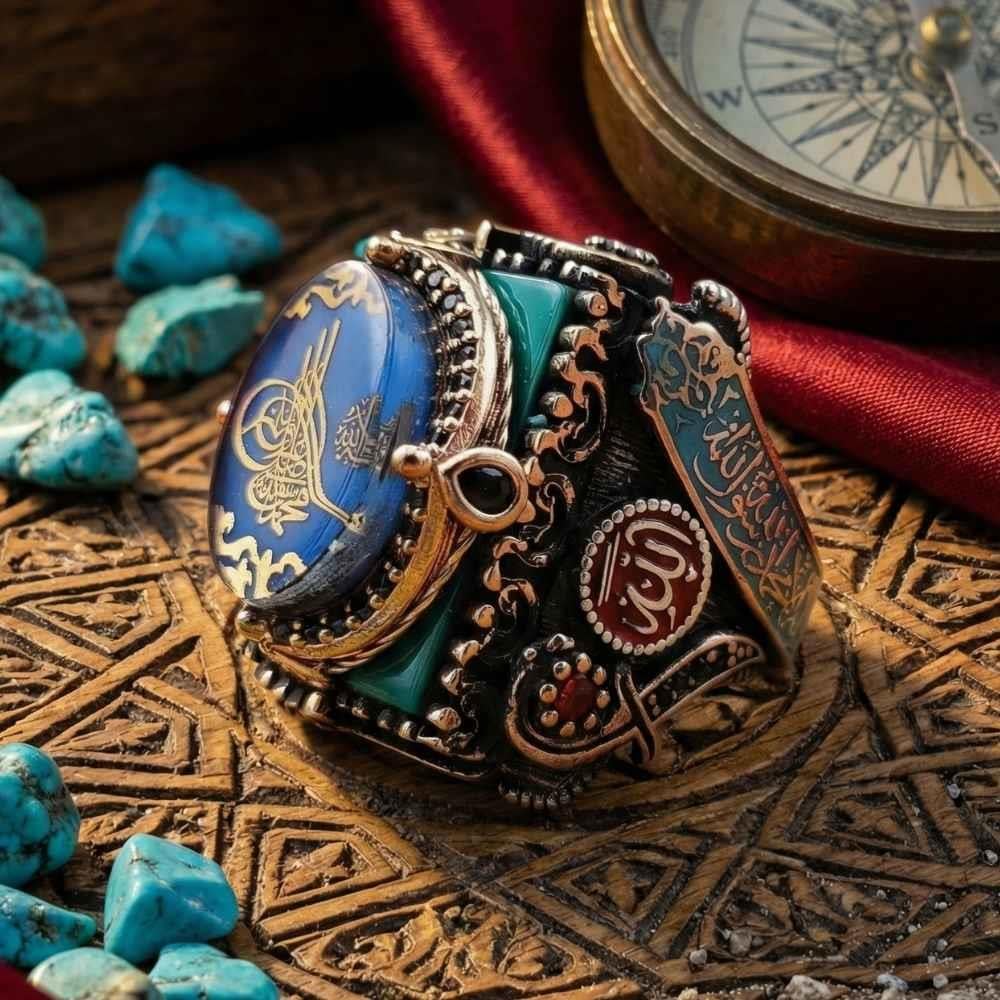 Yeşil Üzeri Lacivert Osmanlı Tuğrası Gümüş YüzükTuğra Yüzük