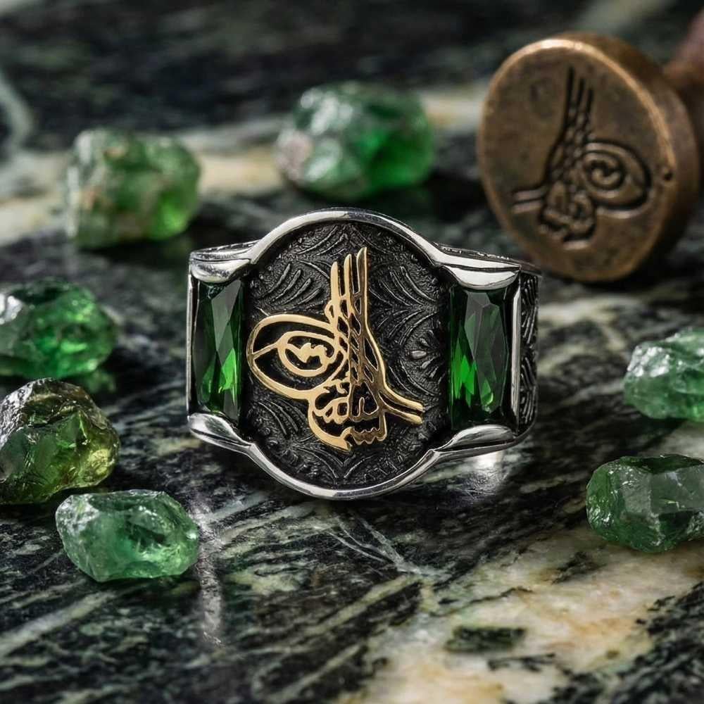 Yeşil Zirkon Taşlı Osmanlı Tuğralı Erkek Gümüş YüzükTuğra Yüzük