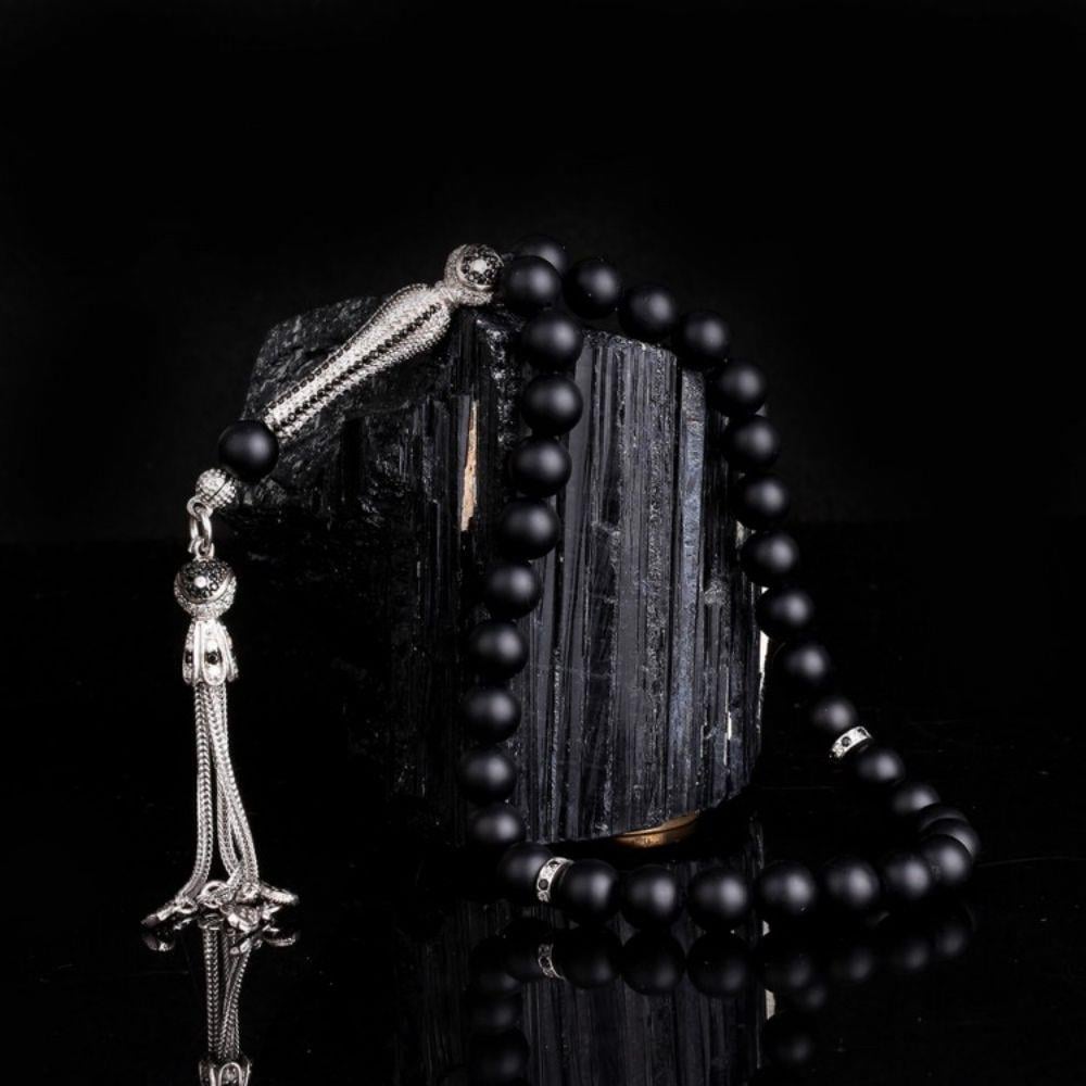 Zirkon Taş Gümüş Püsküllü Mat Oniks Taşı Tesbih