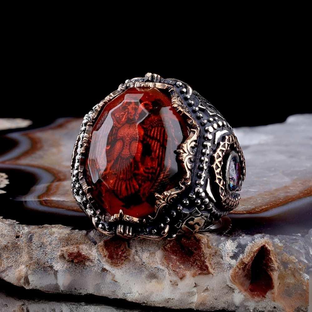 Zirkon Taş İçerisi Selçuklu Kartalı Gümüş YüzükÇift Başlı Kartal Selçuklu Yüzük