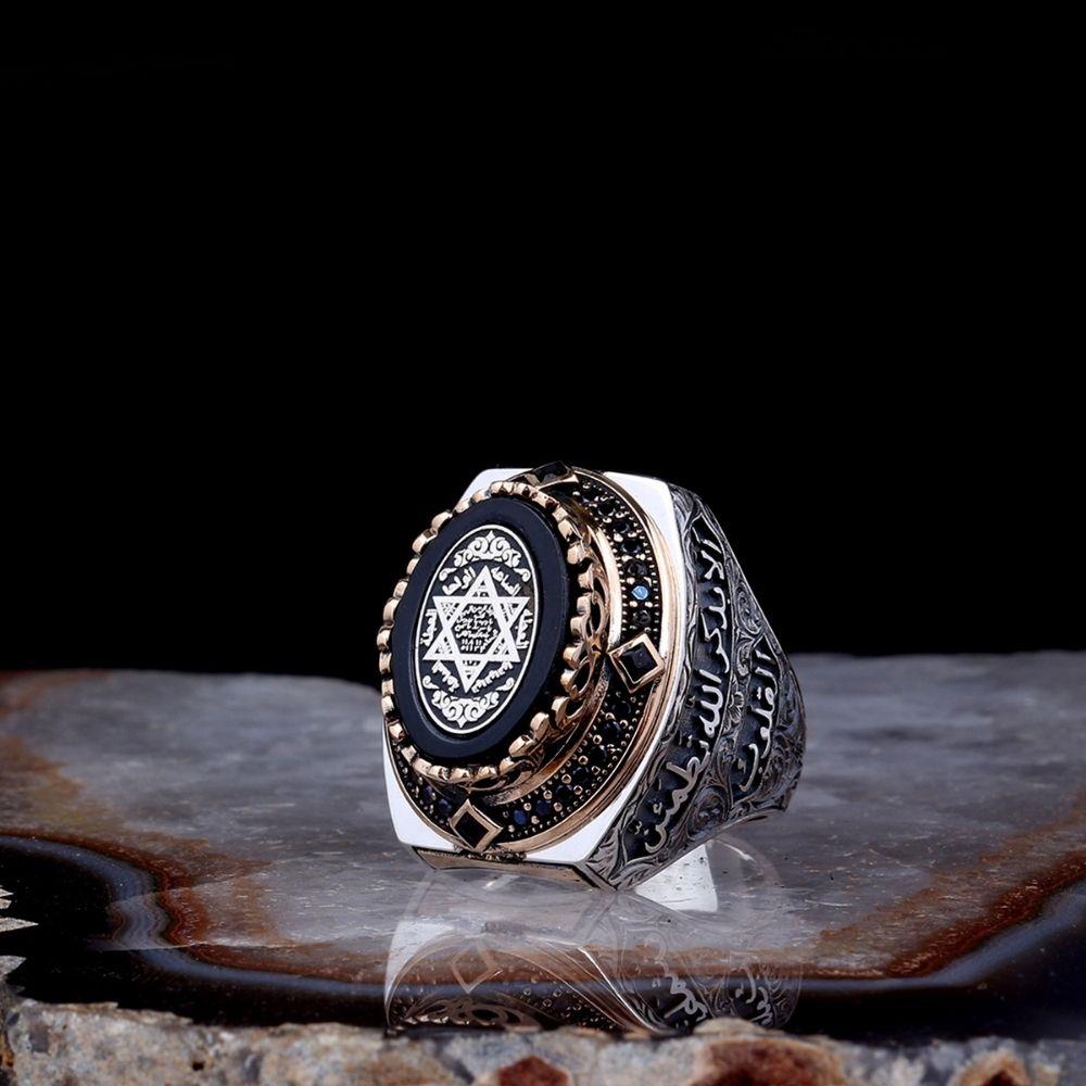 Zirkon Taş Süslemeli Hz. Süleyman Mührü Gümüş Yüzük