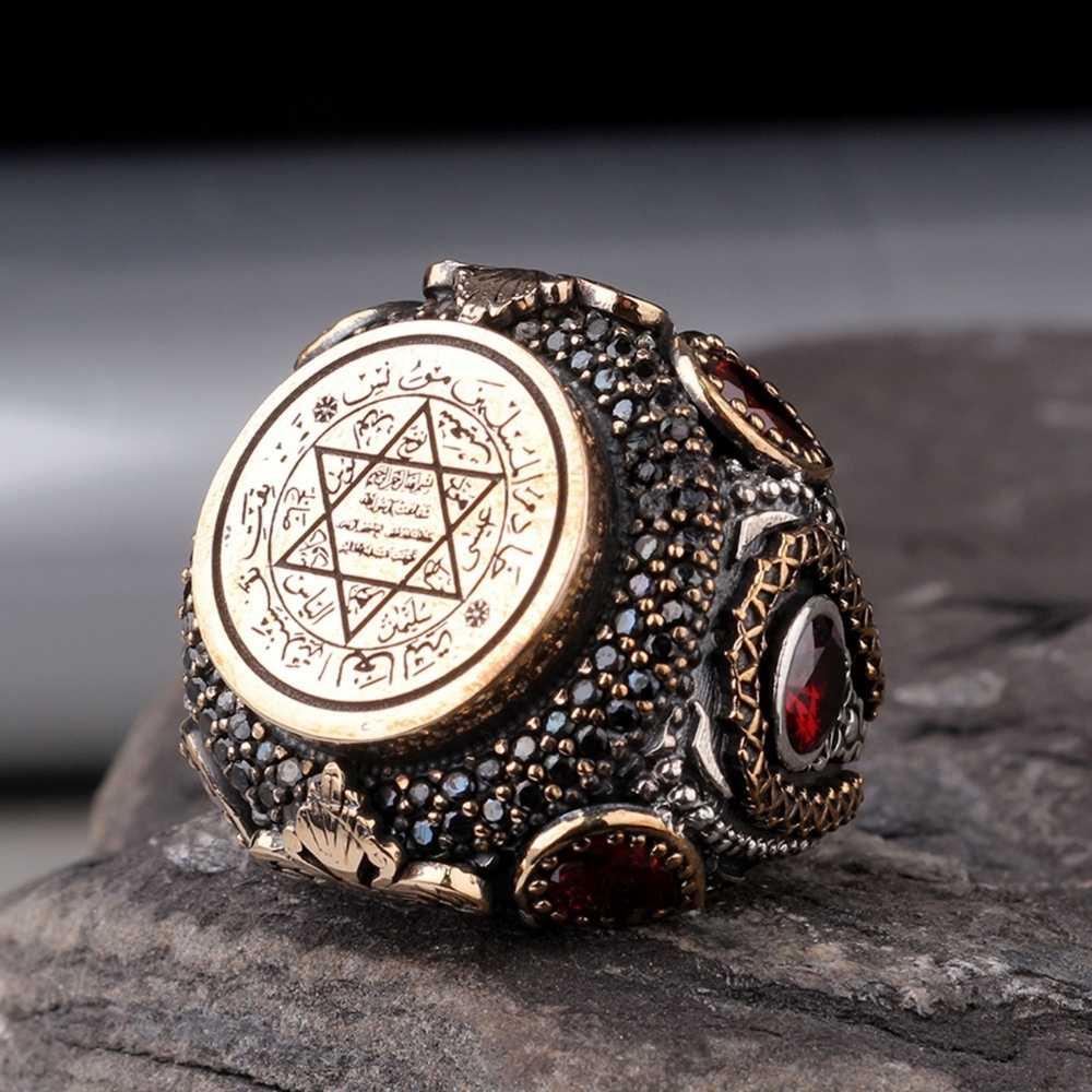 Zirkon Taş Süslemeli Süleyman Mührü Gümüş YüzükSeal of Solomon Ring