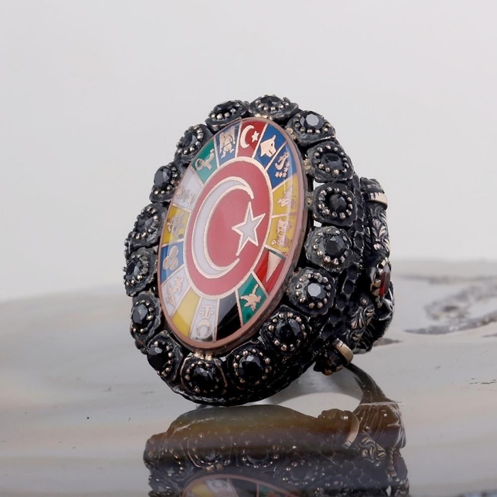 Zirkon Taşlı 16 Türk Devleti Gümüş Yüzük16 Türk Devleti Yüzük