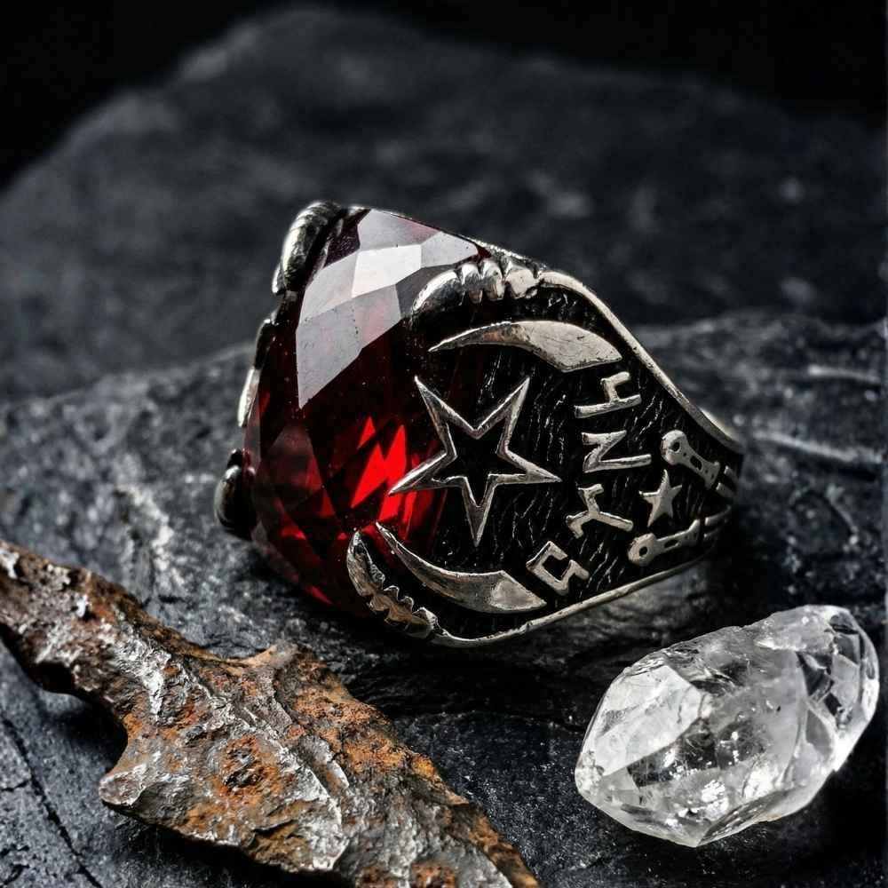 Zirkon Taşlı Ay Yıldız İçi Göktürkçe Türk Yazılı Gümüş YüzükGöktürkçe Türk Yazılı Yüzükler