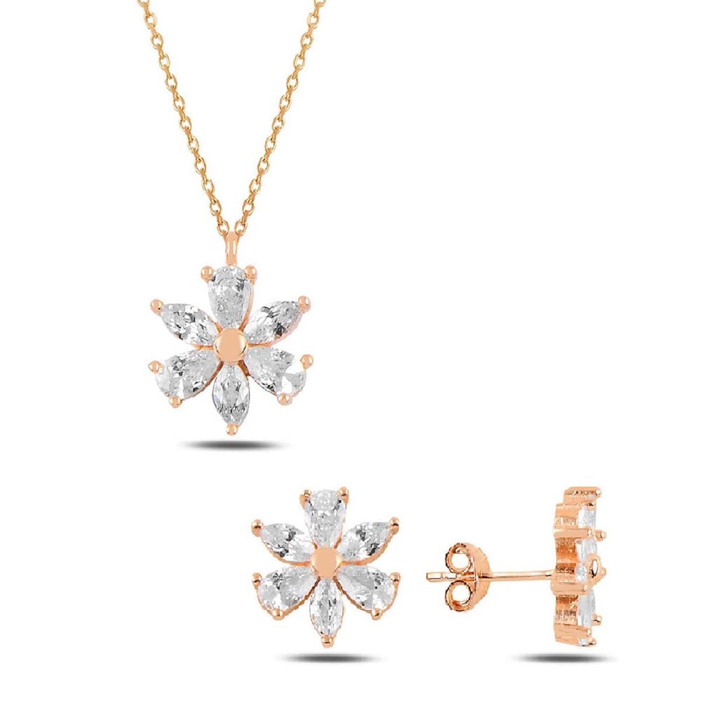 Zirkon Taşlı Çiçek Model Gümüş Set