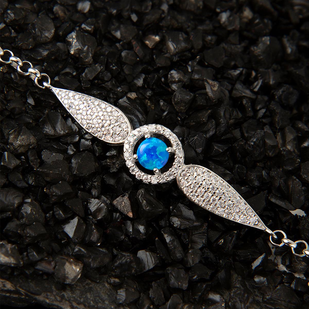 Zirkon Taşlı Damla Model Mavi Opal Gümüş Bileklik