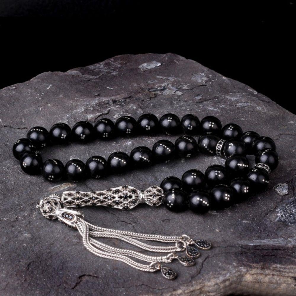 Zirkon Taşlı Gümüş Püskül Gürcistan Oltu Taşı Tesbih