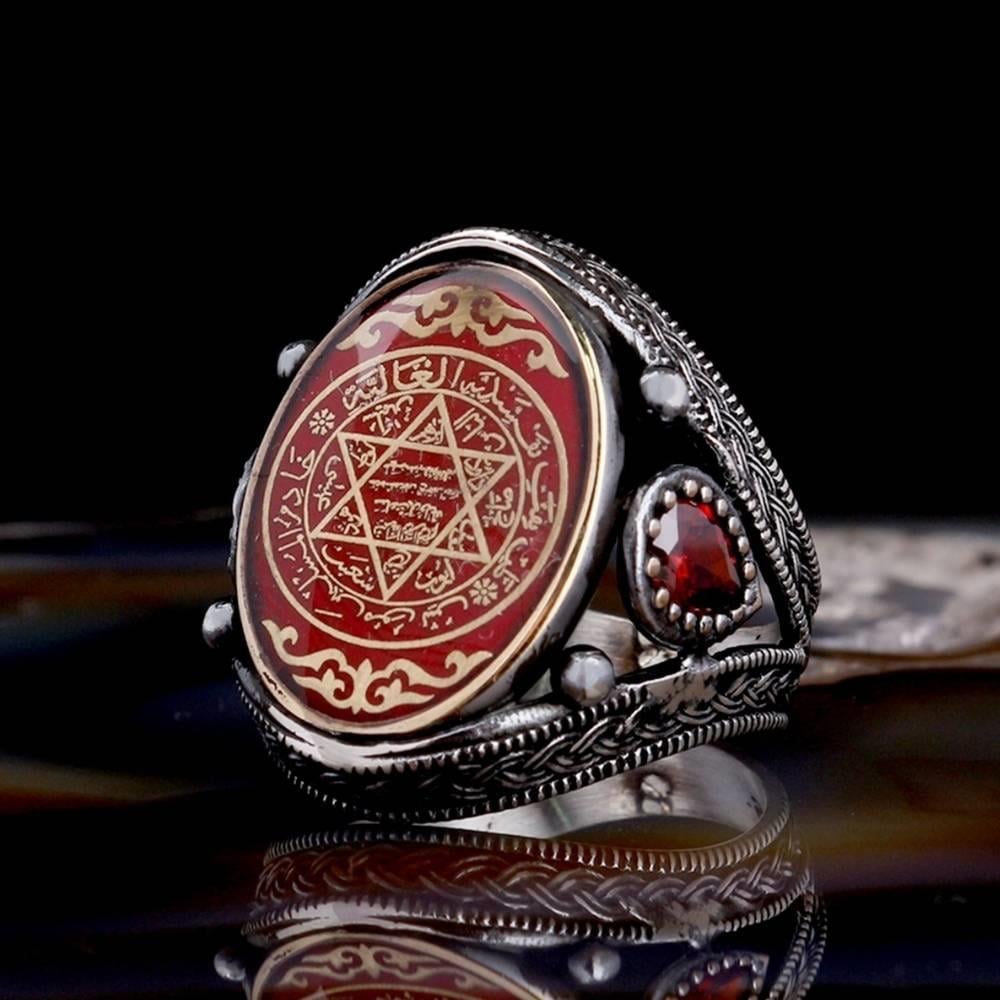 Zirkon Taşlı Kırmızı Mineli Süleyman Mührü Gümüş YüzükSüleyman Mührü Yüzükler