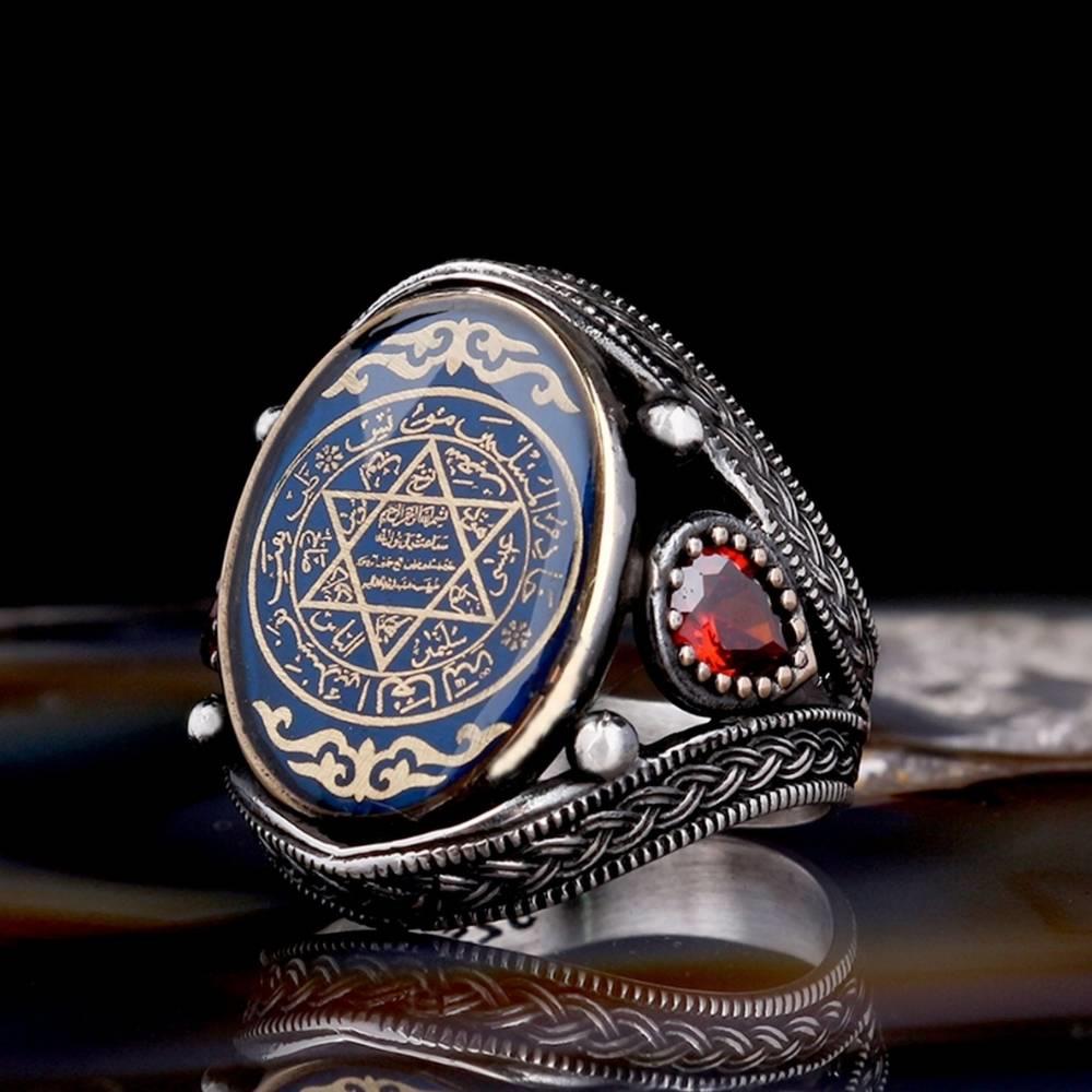 Zirkon Taşlı Mavi Mineli Süleyman Mührü Gümüş YüzükSüleyman Mührü Yüzükler