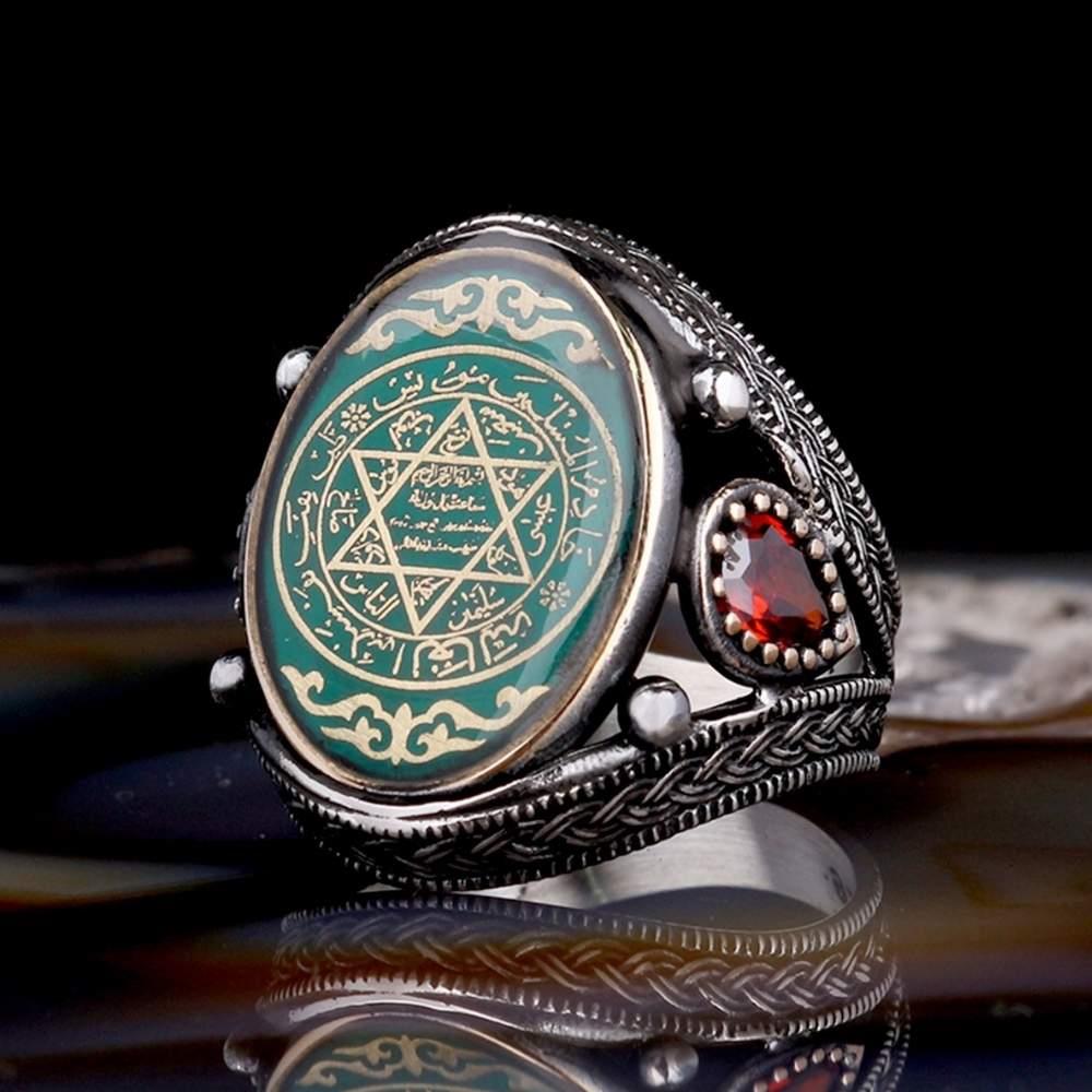 Zirkon Taşlı Yeşil Mineli Süleyman Mührü Gümüş YüzükSeal of Solomon Ring