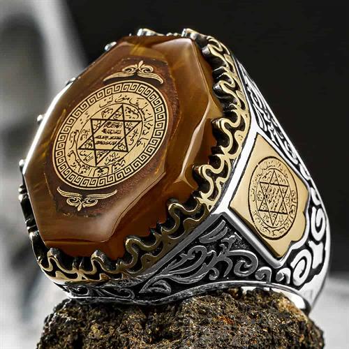 Handmade Amber Stone Seal of Solomon Ring