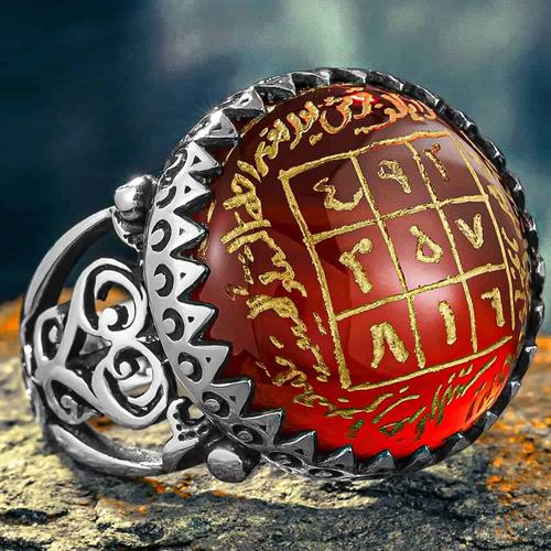 Red Agate Engraved Manuscript Fortune Vefki Silver Ring