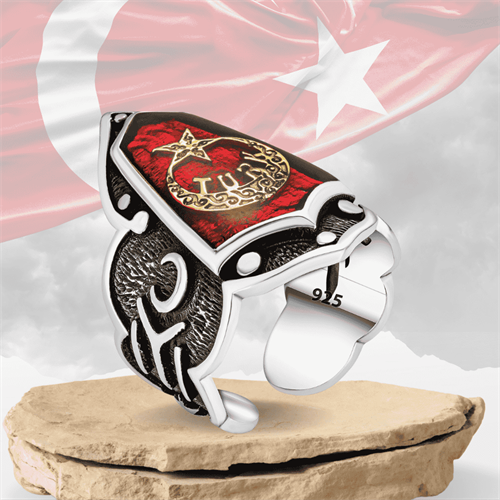 Mineli Türk Yazılı Baş Parmak Model Gümüş Erkek Yüzük