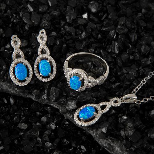 Sonsuzluk Motifli Mavi Opal Taşlı Kadın Gümüş Set