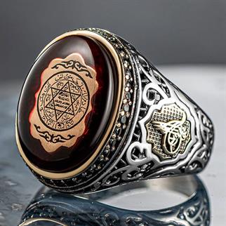 Amber Stone Seal of Solomon Sterling Silver Ring