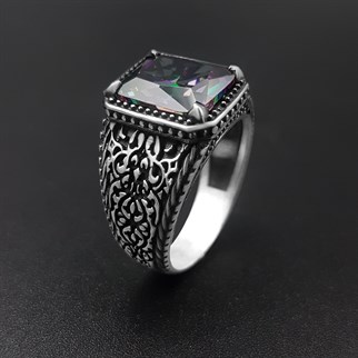Mistik Topaz Taşlı Desen İşlemeli Gümüş Yüzük
