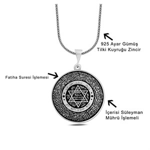 Mührü Süleyman Fatiha Suresi İşlemeli Gümüş Kolye