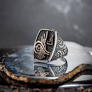 Osmanlı Tuğra İşlemeli Kalem Motifli Gümüş Yüzük