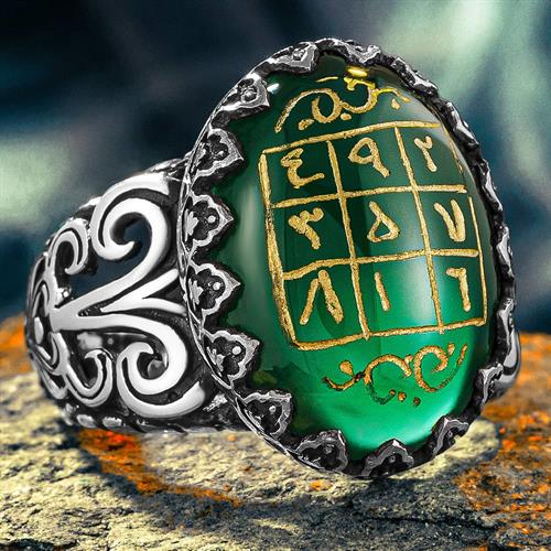 Fortune Vefki Silver Ring with Engraved Manuscript on Green Agate