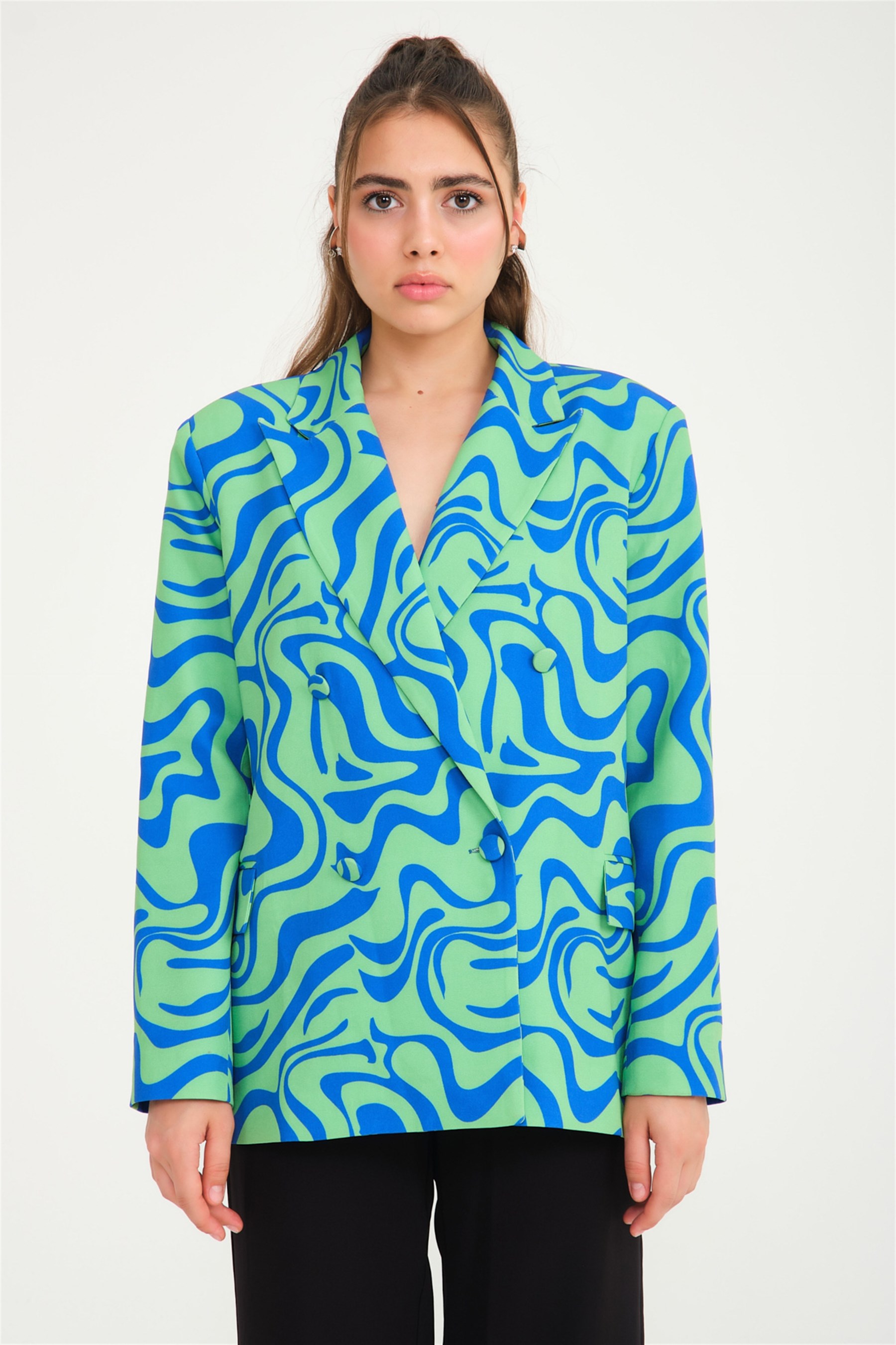 Ala X Fineapple Mavi Yeşil Desenli Oversize Ceket