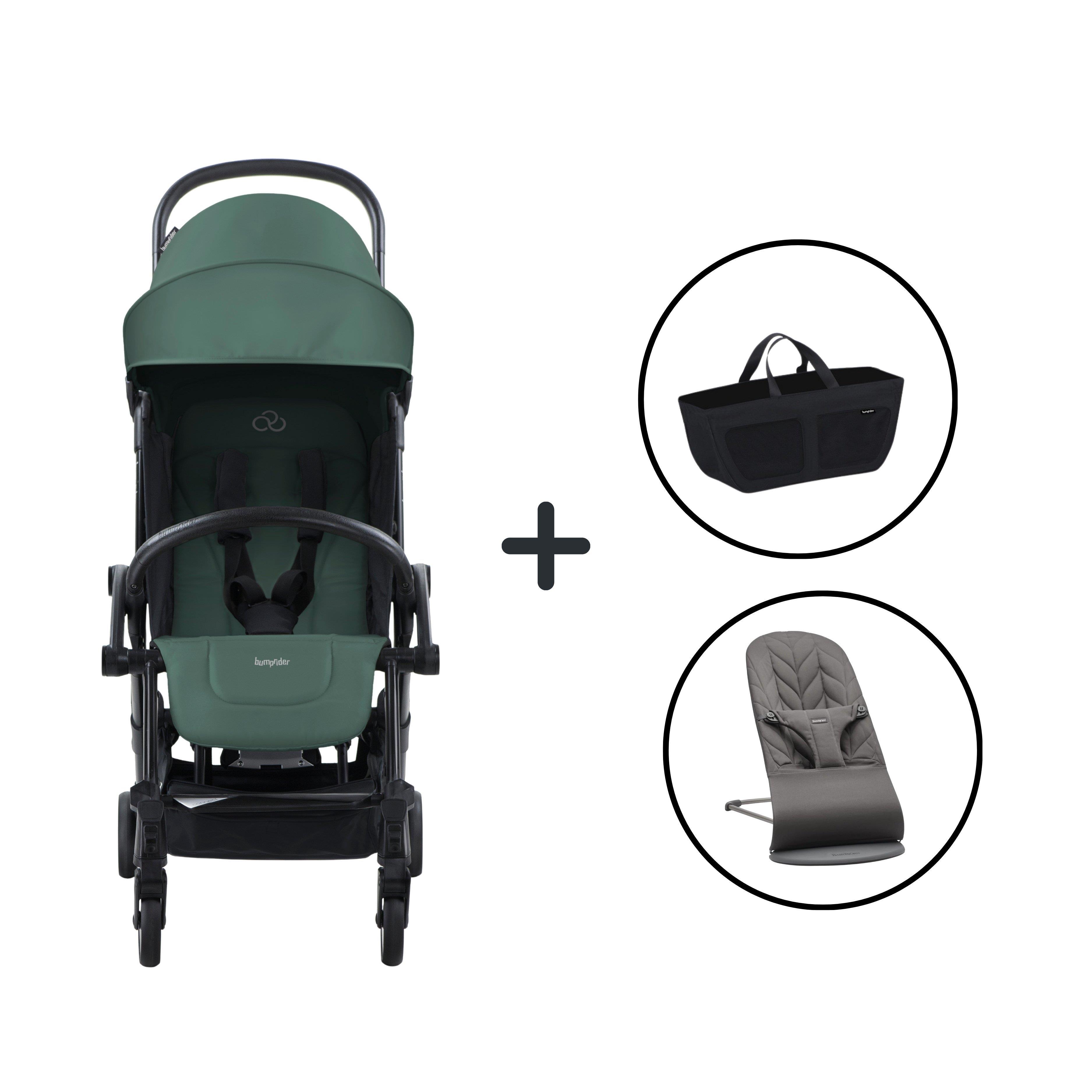 BabyBjörn Bliss Ana Kucağı Petal Woven Anthracite & Bumprider Connect³ Black-Olive Bebek Arabası - Yan Düzenleyici Çanta