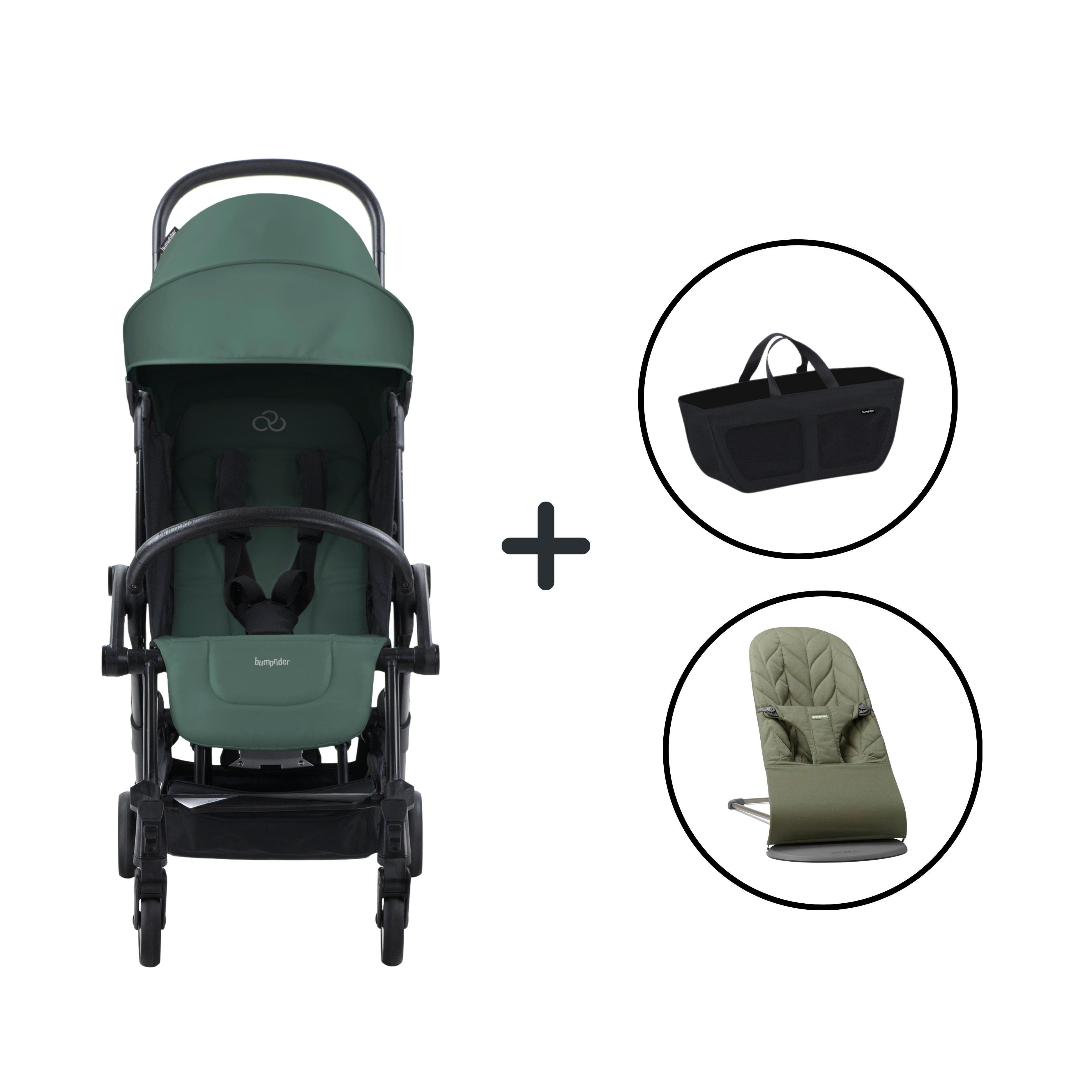 BabyBjörn Bliss Ana Kucağı Petal Woven Dark Geen & Bumprider Connect³ Black-Olive Bebek Arabası - Yan Düzenleyici Çanta
