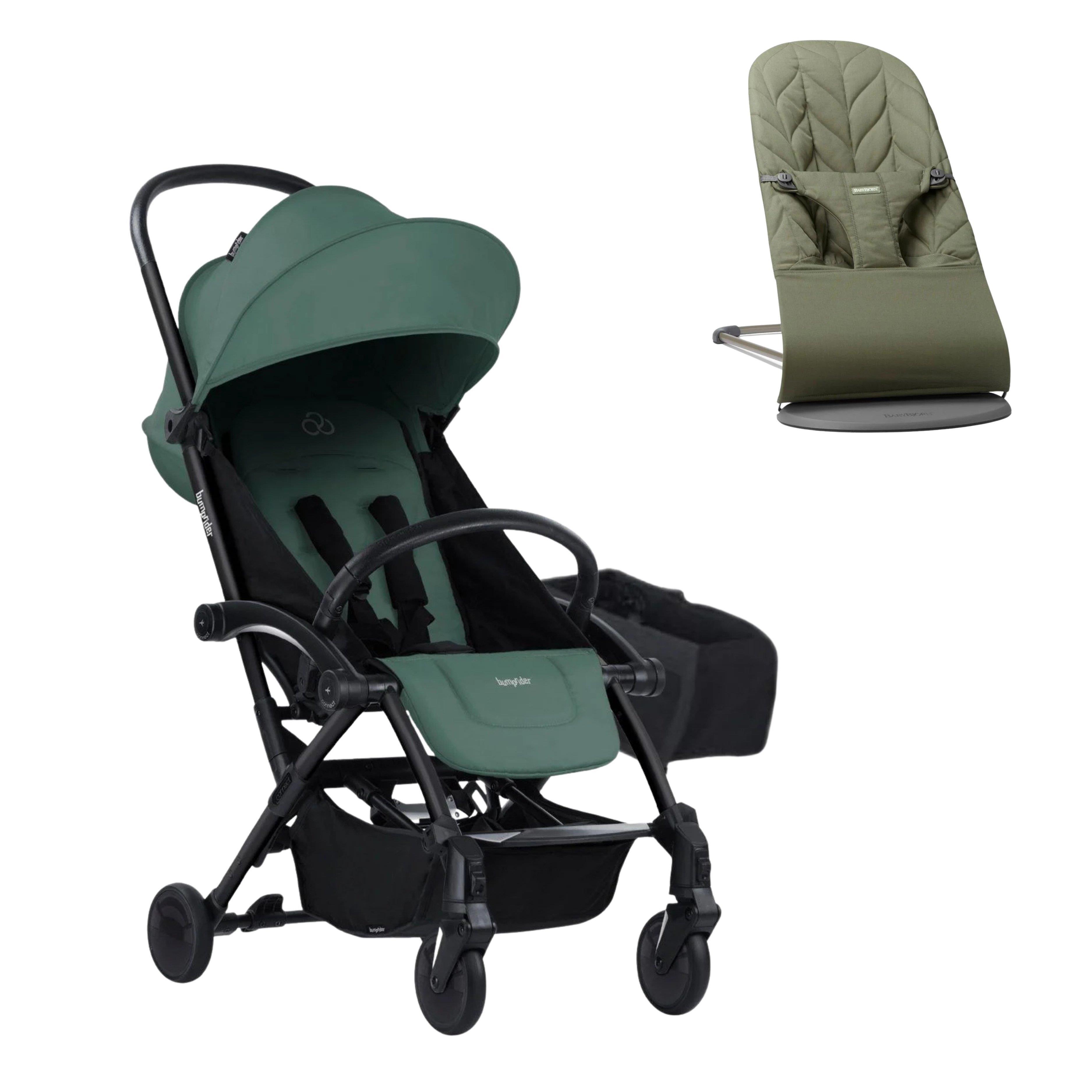 BabyBjörn Bliss Ana Kucağı Petal Woven Dark Geen & Bumprider Connect³ Black-Olive Bebek Arabası - Yan Düzenleyici Çanta