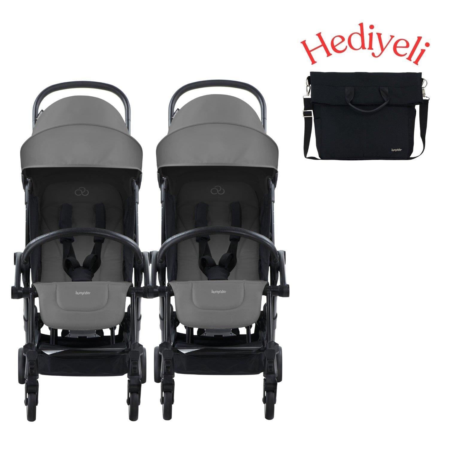 Bumprider Connect³ İkiz Bebek Arabası Black - Grey Melange & Yan Bakım Çantası Hediyeli